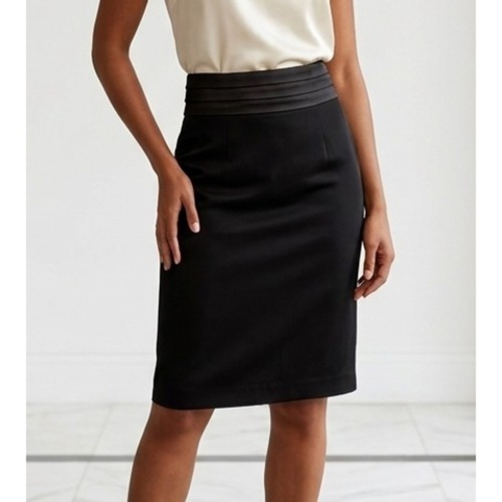 RORY BECA 8 100% Silk Black Crepe de‎ Chine Pencil Skirt Pleated Satin Waistband